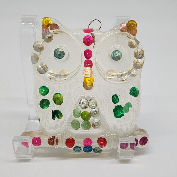 Vintage Lucite Owl Figure Hanging Sequin in Plastic 4.5" Tall - Picture 2 of 9